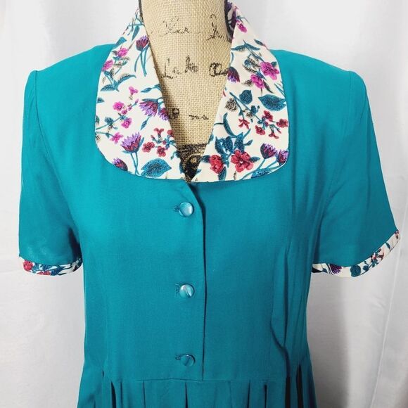 Vintage 60s 70s Teal Flower Print Bib Collar Grannycore Modest Dress - Picture 2 of 12